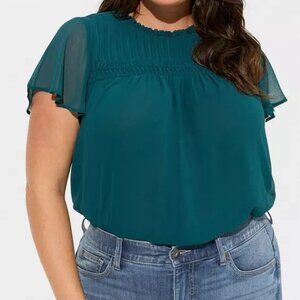 Torrid Deep Teal Chiffon Smocked pintuck flutter short sleeve blouse